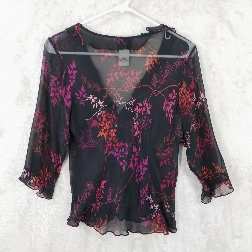 Vintage Blouse Women Large Black Silk Sheer Floral Ruffle V-Neck Beaded Y2K